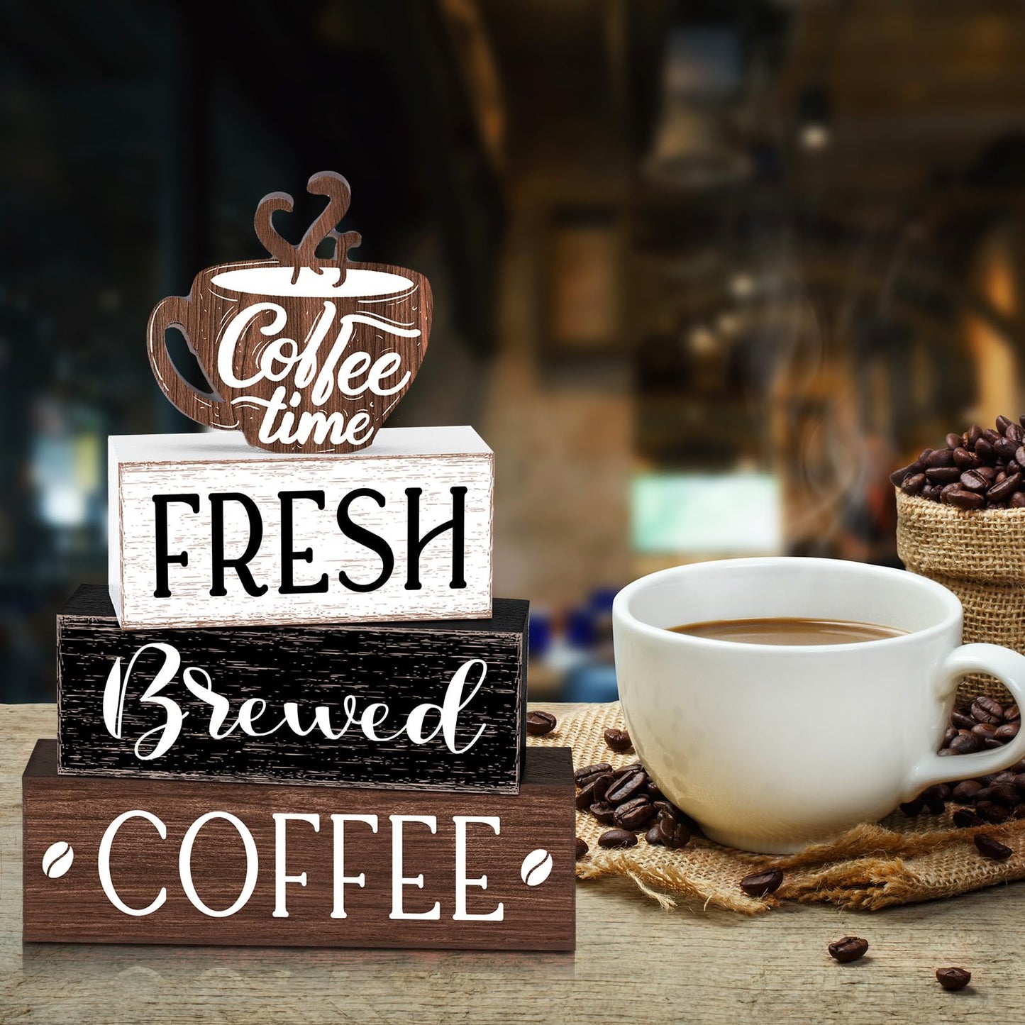 Cinnvoice Farmhouse Coffee Bar Accessories Decorations Rustic Coffee Wood Sign Cafe Table Centerpieces Rustic Cafe Bar Decorations for Home Kitchen Shelf Desk Tiered Tray Decor