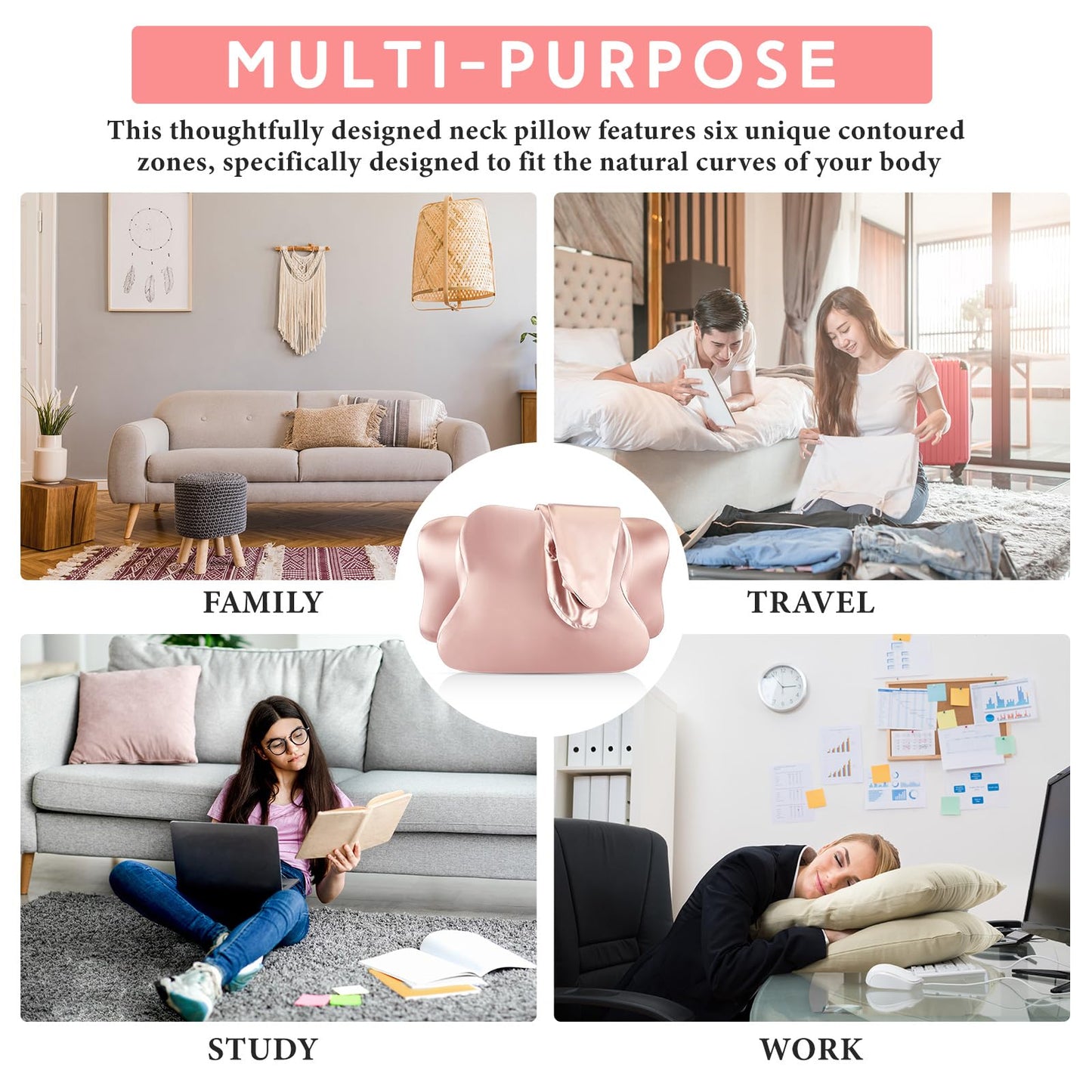 Hahafelt Cervical Neck Pillowcase (Only Pillowcase) Satin Pillow Cover with Zipper Ergonomic Contour Pillow Cover for Side Back Stomach Sleepers(Coral,Queen Size)