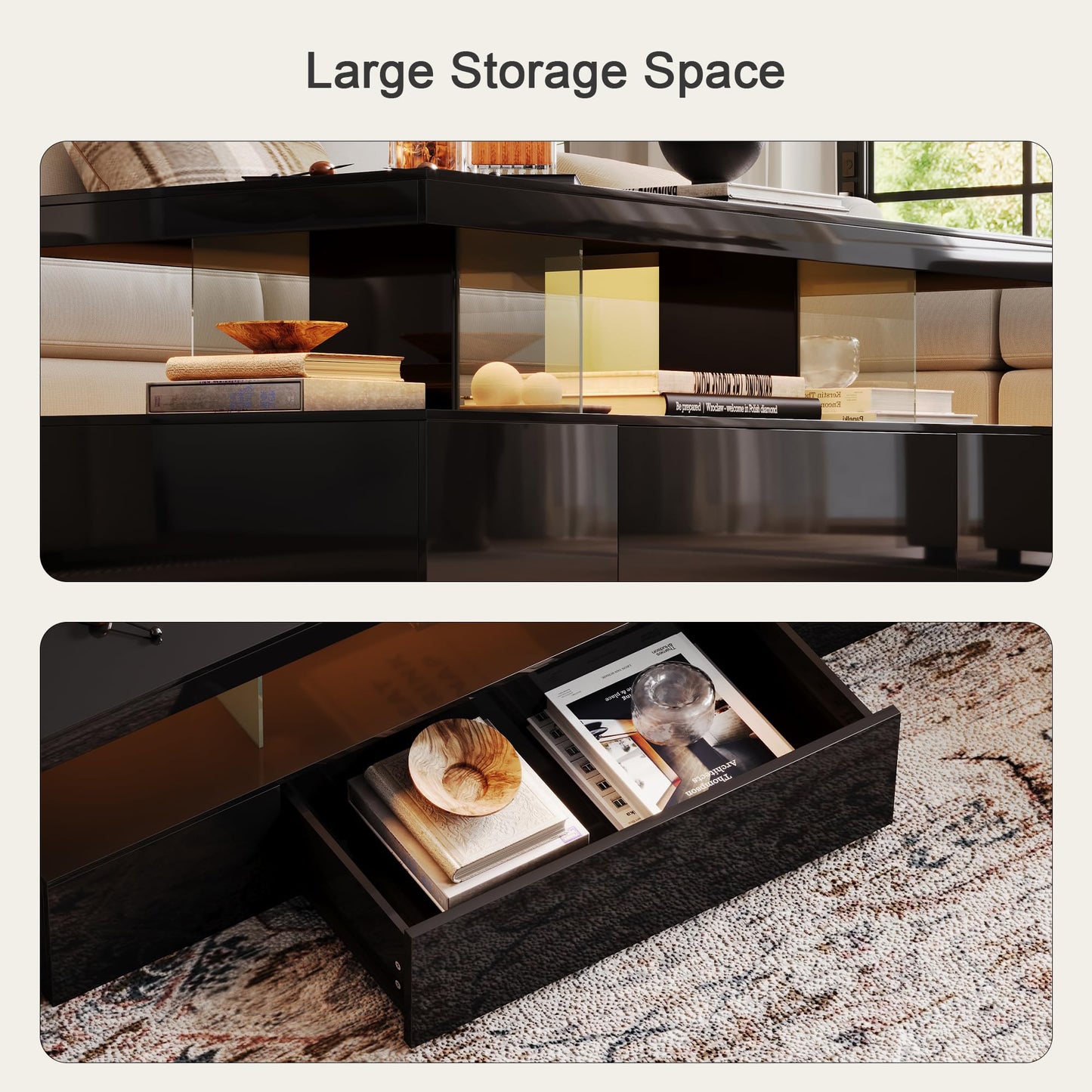 ChooChoo Modern LED Coffee Table, High Glossy Coffee Table with Drawer, Black Coffee Table with Storage for Living Room, Bedroom, CT2305-BK