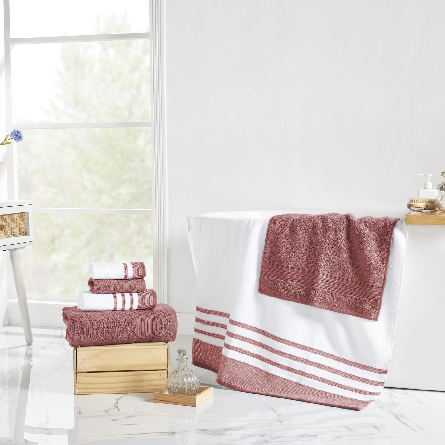 Modern Threads 6 Piece Set, 2 Bath Towels, 2 Hand Towels, 2 Washcloths, Quick Dry White/Contrast Reinhart Rosewood