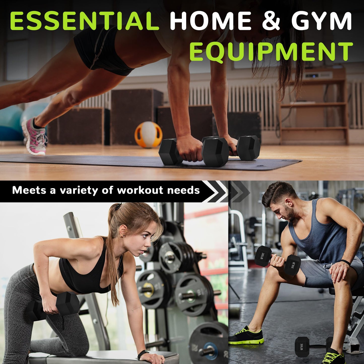 Fitvids Rubber Encased Exercise & Fitness Hex Dumbbell, Hand Weights with Anti-Slip Metal Handle for Home Gym, Multiple Sizes, 30LB Single