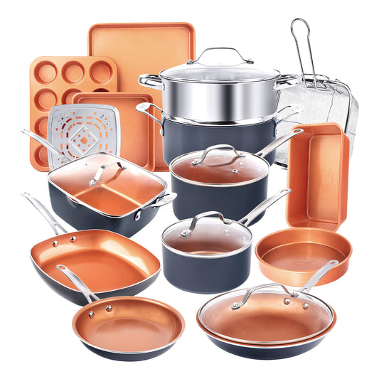 Gotham Steel True 20 Pc Ceramic Cookware Set Nonstick, Ceramic Pots and Pans Set Non Stick with Deep Square Pan Set & Bakeware Set, Non Toxic PFOA PFOS Free, Oven & Dishwasher Safe, No Cheater Pieces