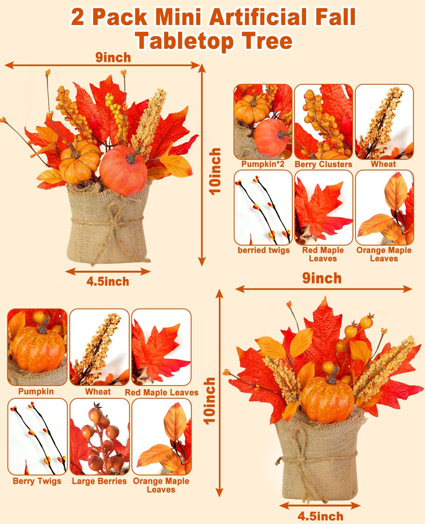 [ 2 Styles ] 2 Pack Fall Decor 10 Inch Tabletop Fall Tree, Maple Tree with Pumpkins Maple Leafed Berried Wheat Burlap Base Thanksgiving Fall Decorations for Home Table Centerpieces Halloween Decor