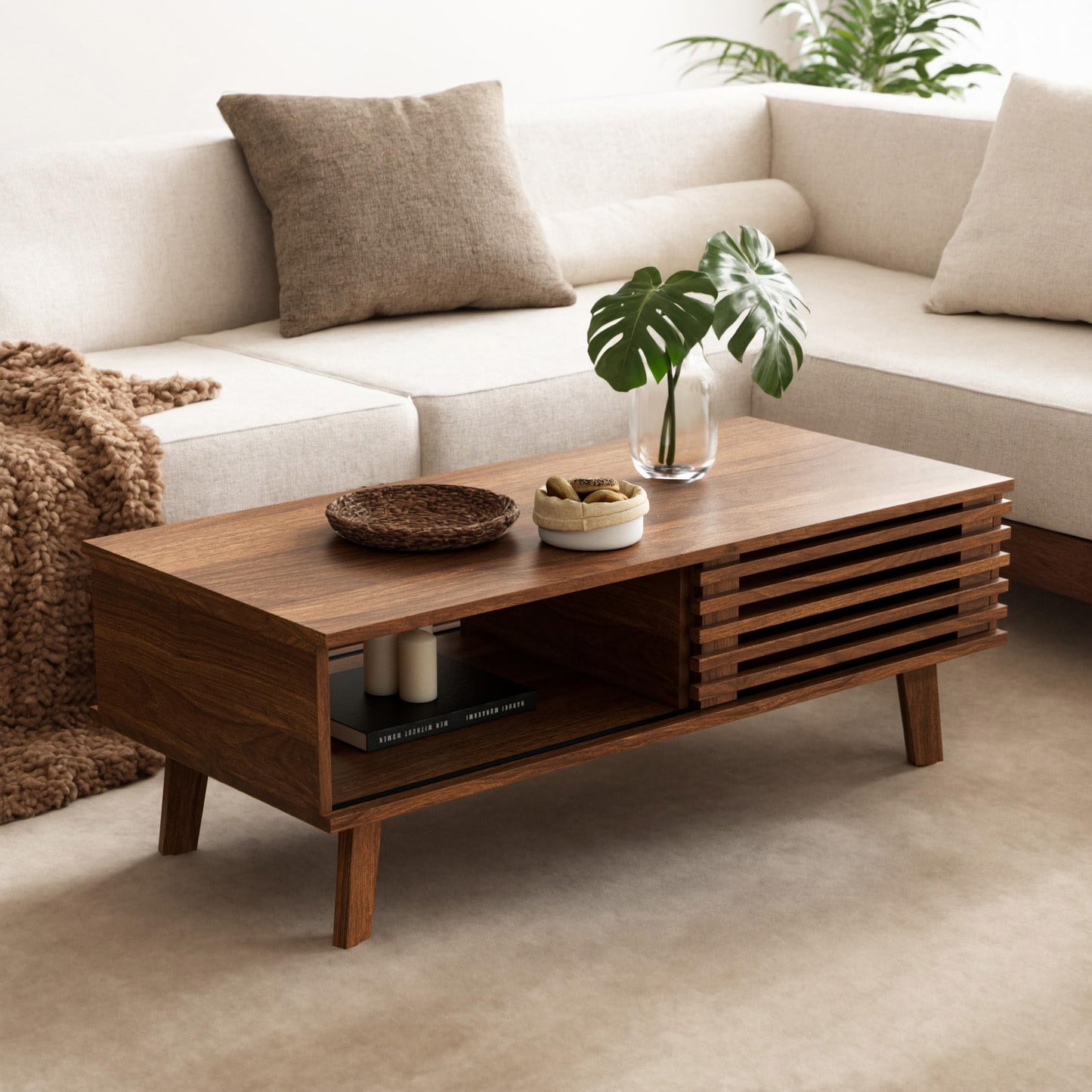 MAISONARIA Mid Century Coffee Table with Storage & Sliding Fence Door, Modern Coffee Tables for Living Room, Walnut Finish