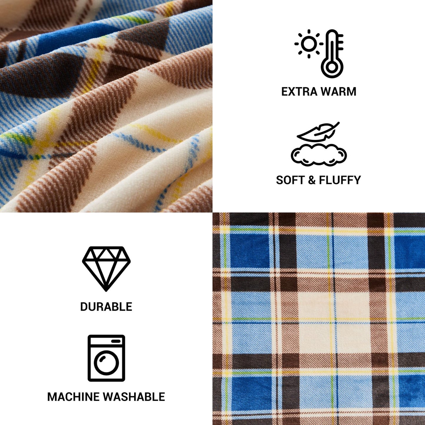 Gogreen Cozy Flannel Blanket Printed -Twin Size Bed Blanket for Home Decoration - Ultra Soft, Lightweight, Microfiber Throws (Thorw - 50" x 60", Blue Brown Plaid)
