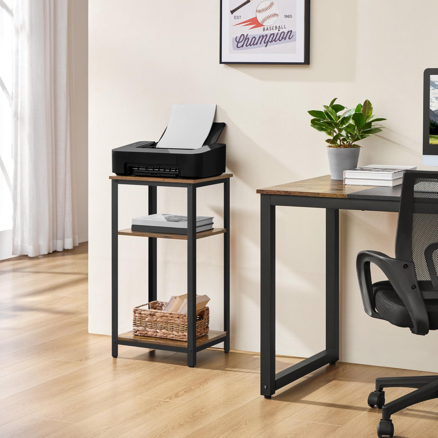 Yaheetech Large 3-Tier Tall End Table, 30 Inches High Side Table with Wooden Shelves & Strong Metal Frame for Living Room Small Space, 12 x 16 x 29.5 inches，Rustic Brown