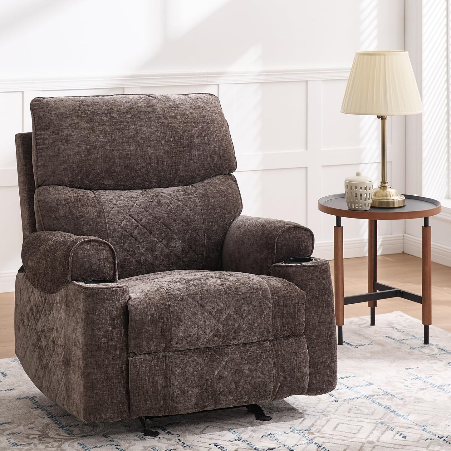 Keydo Rocker Recliner with Cup Holder, Manual Rocking Reclining Chairs for Living Room, Morden Home Theater Lounge Seating, Soft Padded Seat for Comfort (Fabric,Brown)