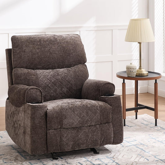 Keydo Rocker Recliner with Cup Holder, Manual Rocking Reclining Chairs for Living Room, Morden Home Theater Lounge Seating, Soft Padded Seat for Comfort (Fabric,Brown)