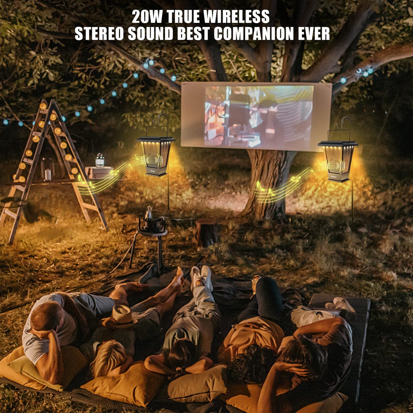 pohopa Bluetooth Speakers Waterproof, Solar Powered 2 Packs True Wireless Stereo Sound 20W Dual Pairing Lantern Indoor Outdoor Speakers with 20 Piece LED Lights, Richer Bass, Black