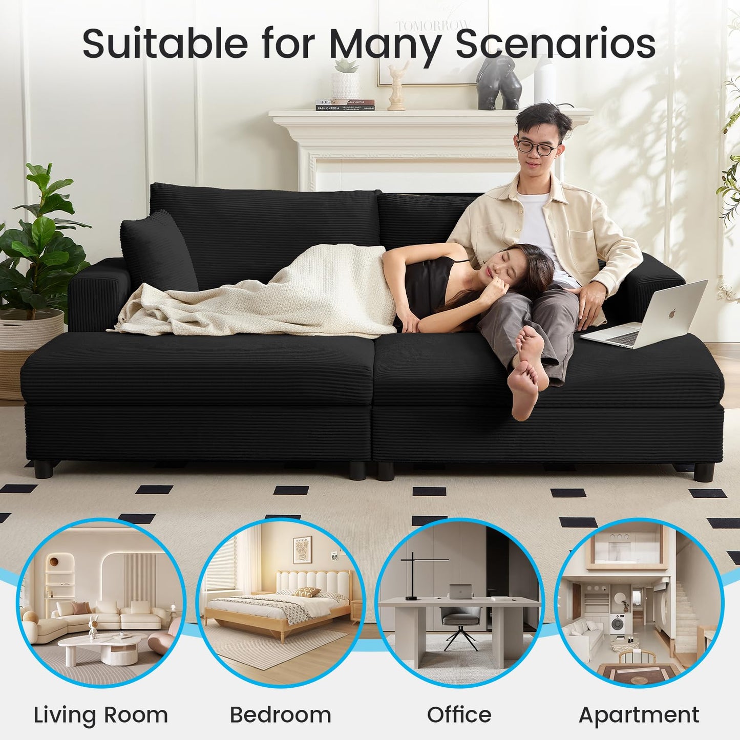 Mjkone Chaise Lounge Chair Indoor, 86 "W Oversized Double Sleeper Sofa with 2 Ottomans, Extra-Large Corduroy Upholstered Modular Sectional Couch Deep Seat for Reading, Living Room, Office, Black