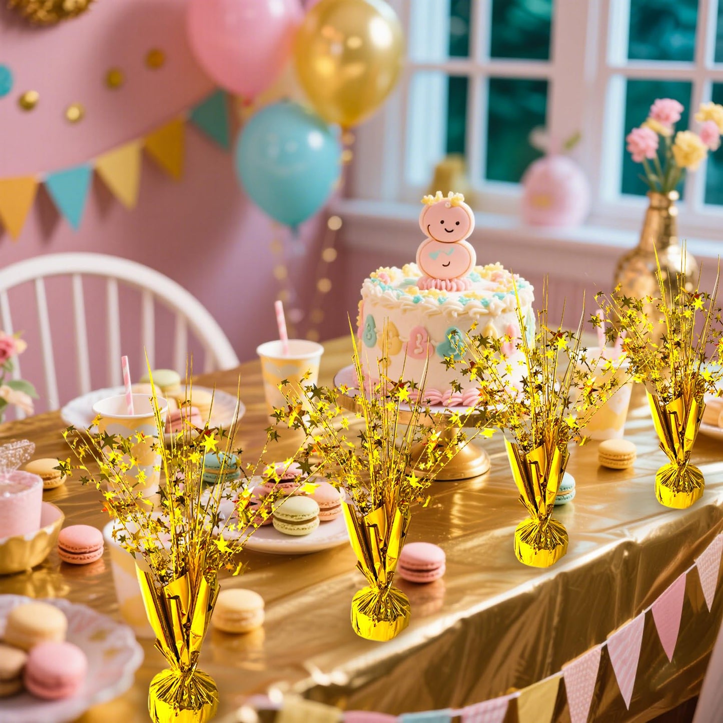 FUBININA 6 Pack Metallic Foil Spray Centerpiece Star Table Decoration Burst Table Centerpieces for Birthday Wedding Anniversary Graduation Holiday Party Supplies Decor, Gold