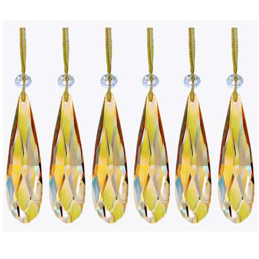 Crystal Glass Christmas Ornaments, 6Pcs Teardrop Prism Hanging Crystals for Christmas Tree,Centerpieces,Wedding,Party Decor (Gold)