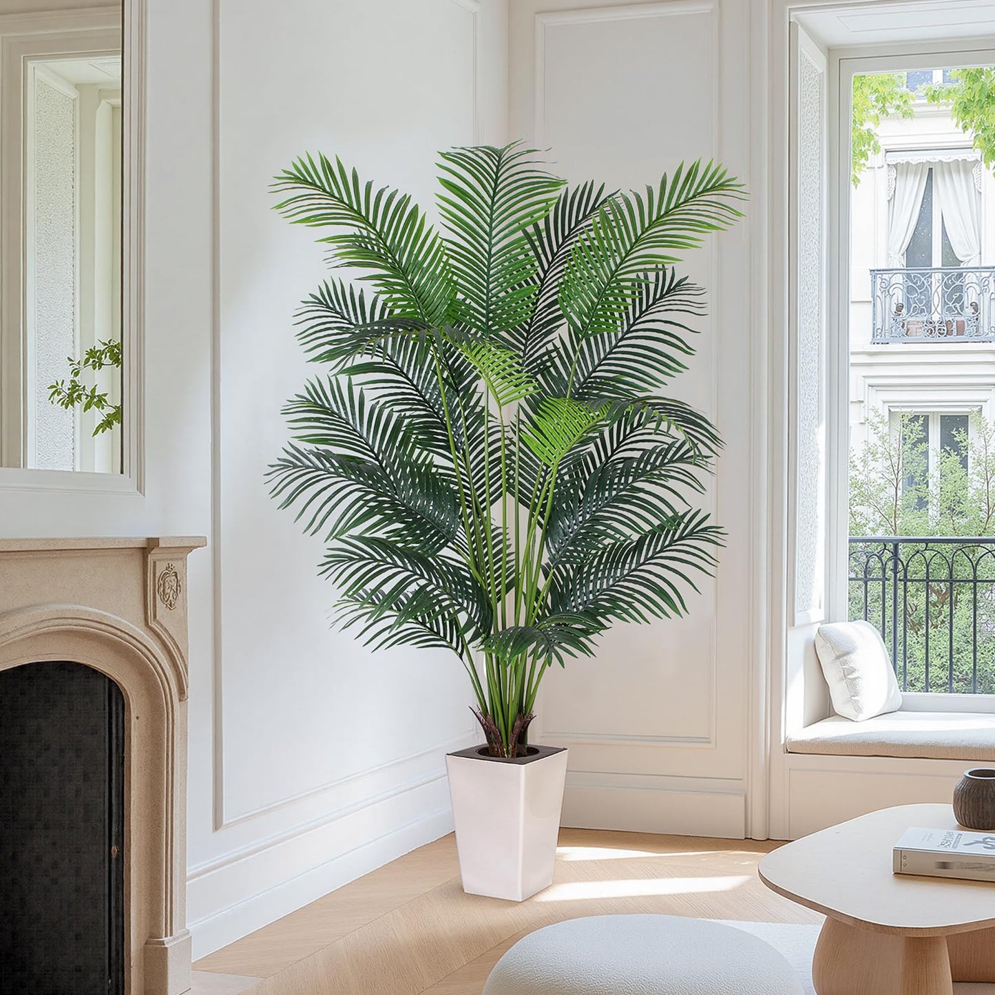 Artificial Palm Tree with White Tall Planter, 7ft Tall Potted Artificial Silk Palm Tree Plant, Fake Tropical Plant, Home Office Floor Room Decor Plants Indoor Outdoor, Housewarming Gift