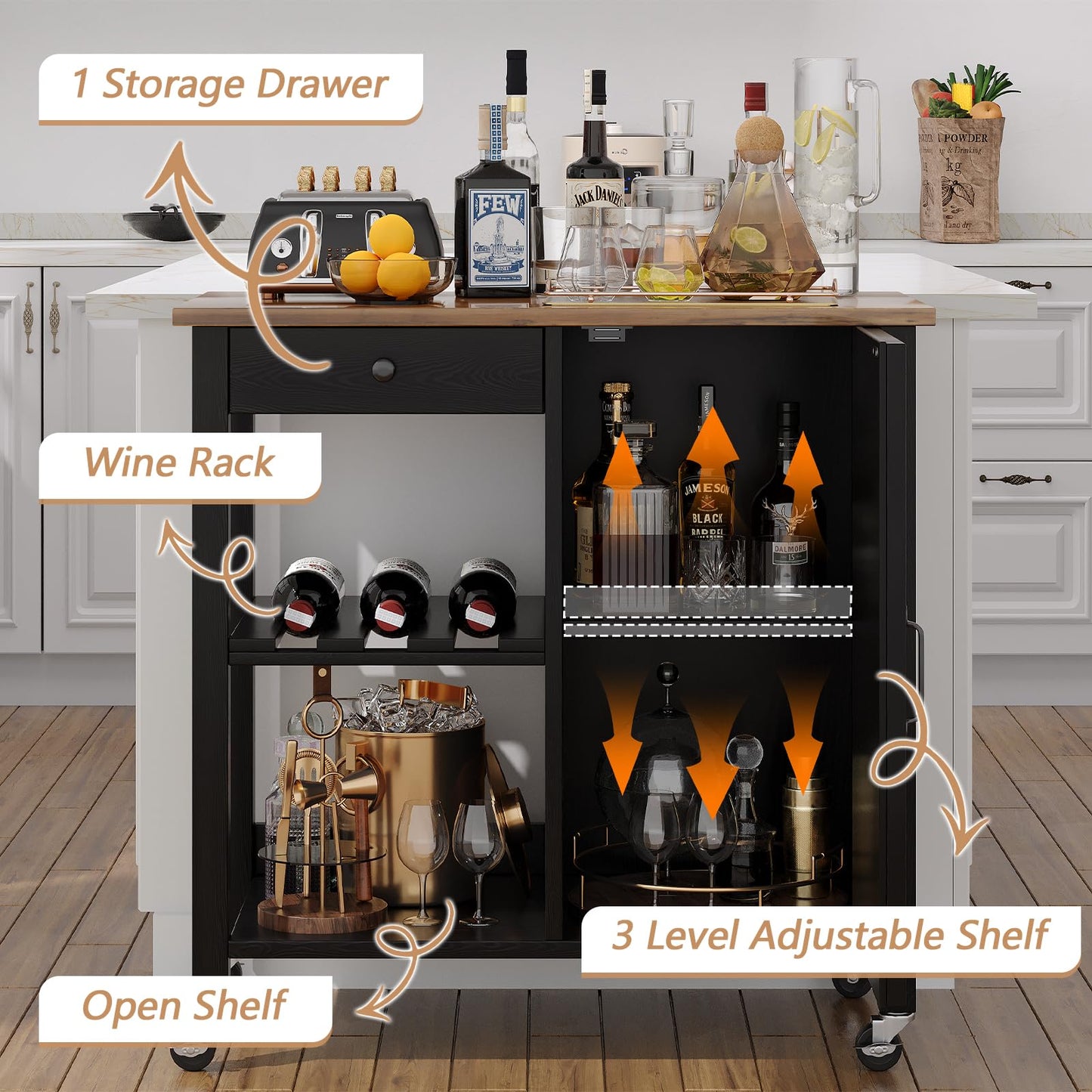 4 EVER WINNER Black Kitchen Island Cart with Storage, Farmhouse Rolling Portable Bar cart with Wine Rack,Small Islands Cart on Wheels for Kitchen