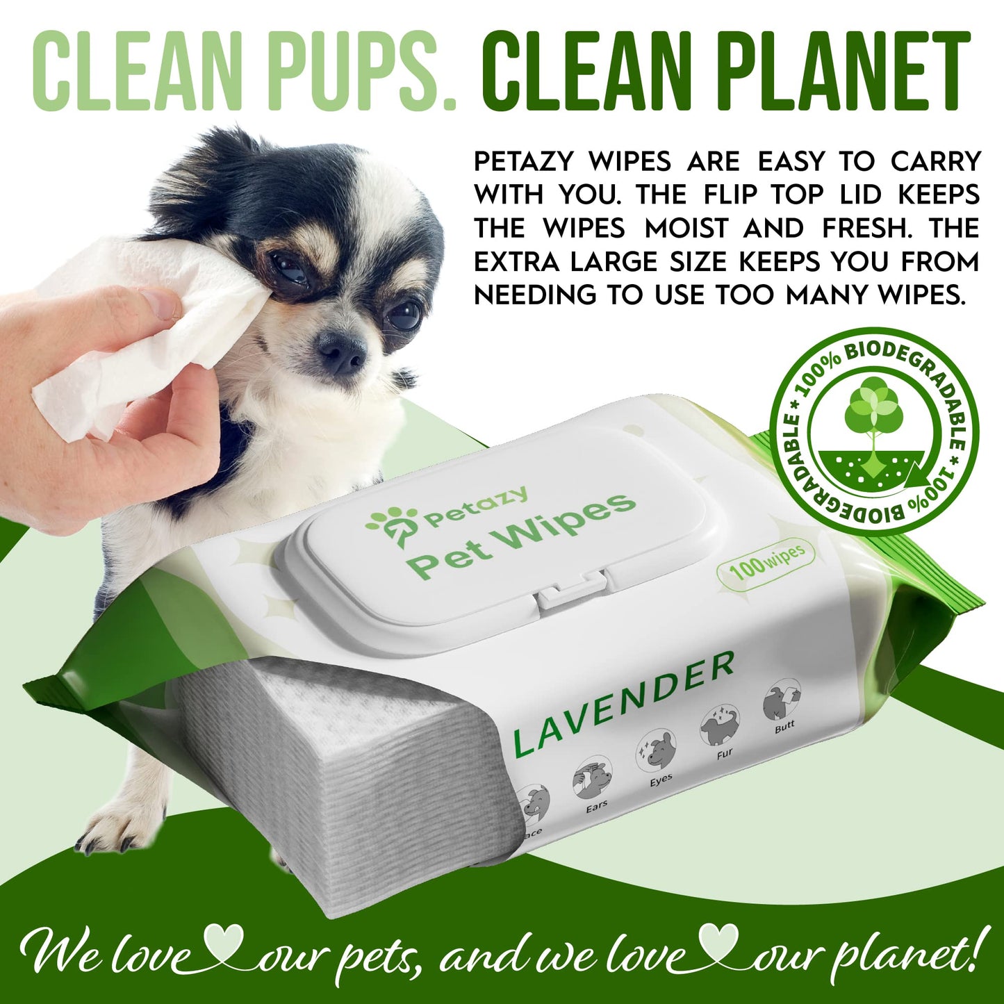 Petazy Dog Wipes for Paws and Butt Ears Eyes | Organic Pet Wipes for Dogs | Hypoallergenic Lavender Scented Dog Wipes Cleaning Deodorizing | Extra Thick Plant Based Wipes Dogs Cats Pets | 100 Count