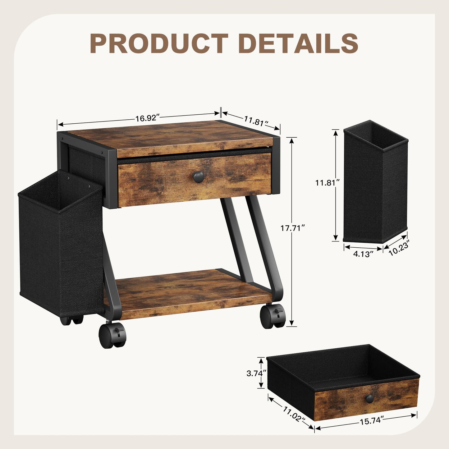 Homeiju Under Desk Printer Stand, 2-Tier Industrial Mobile Printer Table with Storage Bag and Drawer, Rolling Printer Cart Holder with Lockable Wheels for Home, Office