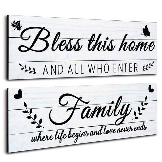 Jetec Wooden Family Signs Rustic Bless This Home Wood Family Decor Wall Art Farmhouse Entryway Decoration for Bedroom Living Room Office, 13.8 x 4.7 Inch (White)