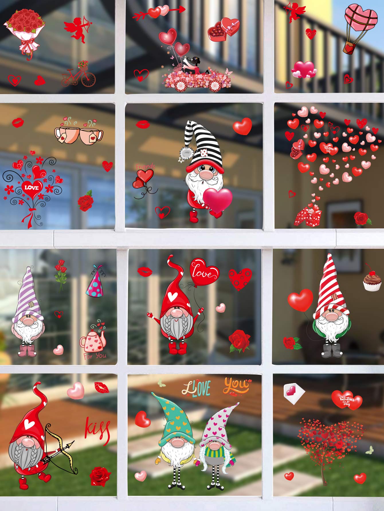 9 Sheets Valentine's Day Window Decals Clings Decorations, 149pcs Gnome Heart Window Stickers for Valentines Day, Glass Windows, Party, Wedding, Anniversary Ornaments Supplies