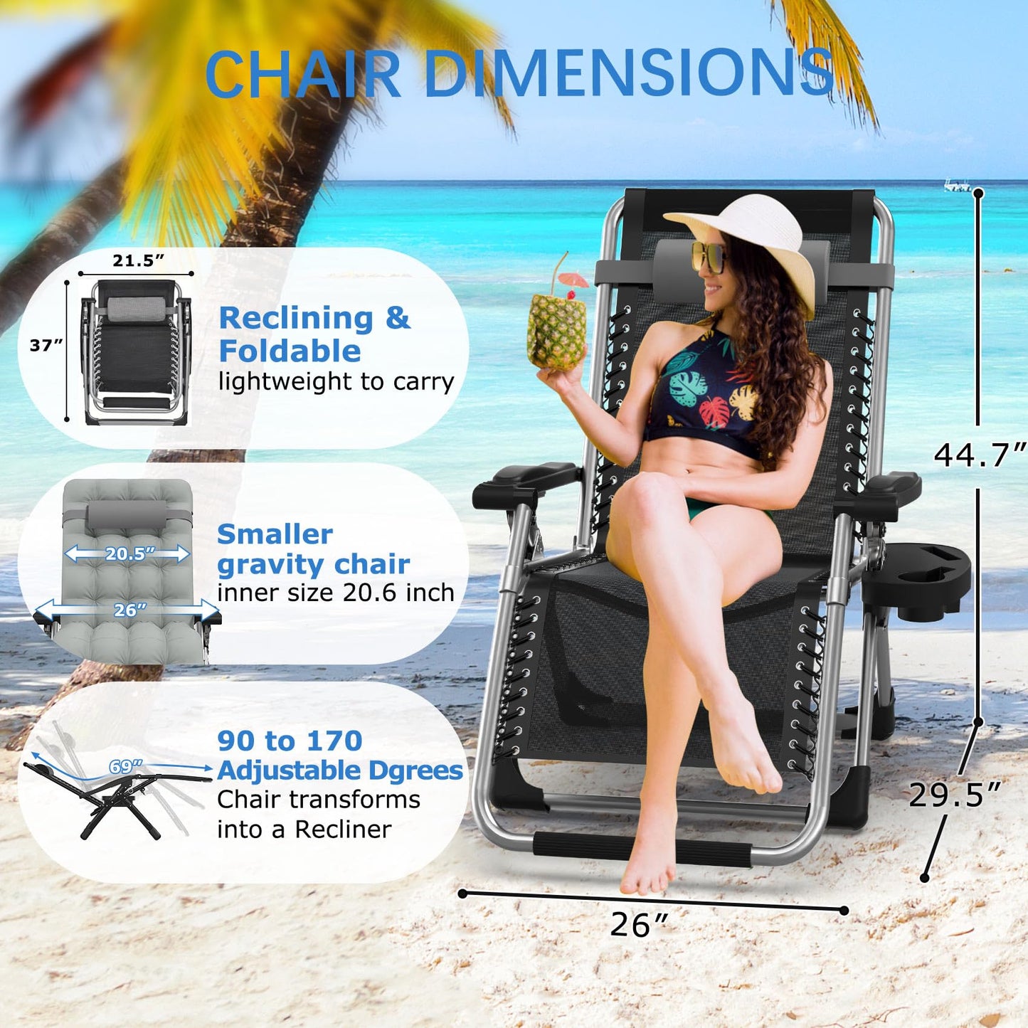 Slendor Zero Gravity Chair Lounge Chair Recliner w/Upgraded Lock and Removable Cushion, Reclining Camping Chair w/Cup Holder Tray & Headrest, Folding Reclining Patio Chairs for Indoor Outdoor, Gray