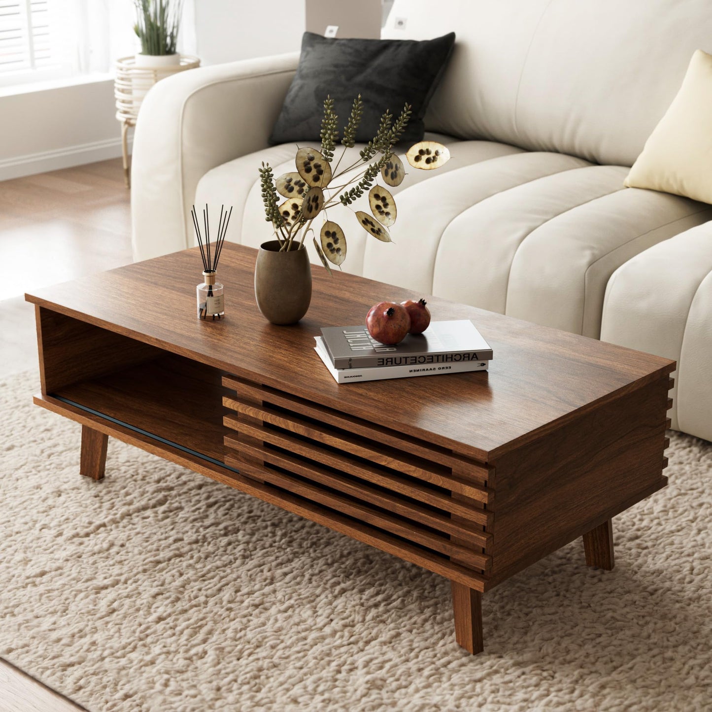 MAISONARIA Mid Century Coffee Table with Storage & Sliding Fence Door, Modern Coffee Tables for Living Room, Walnut Finish