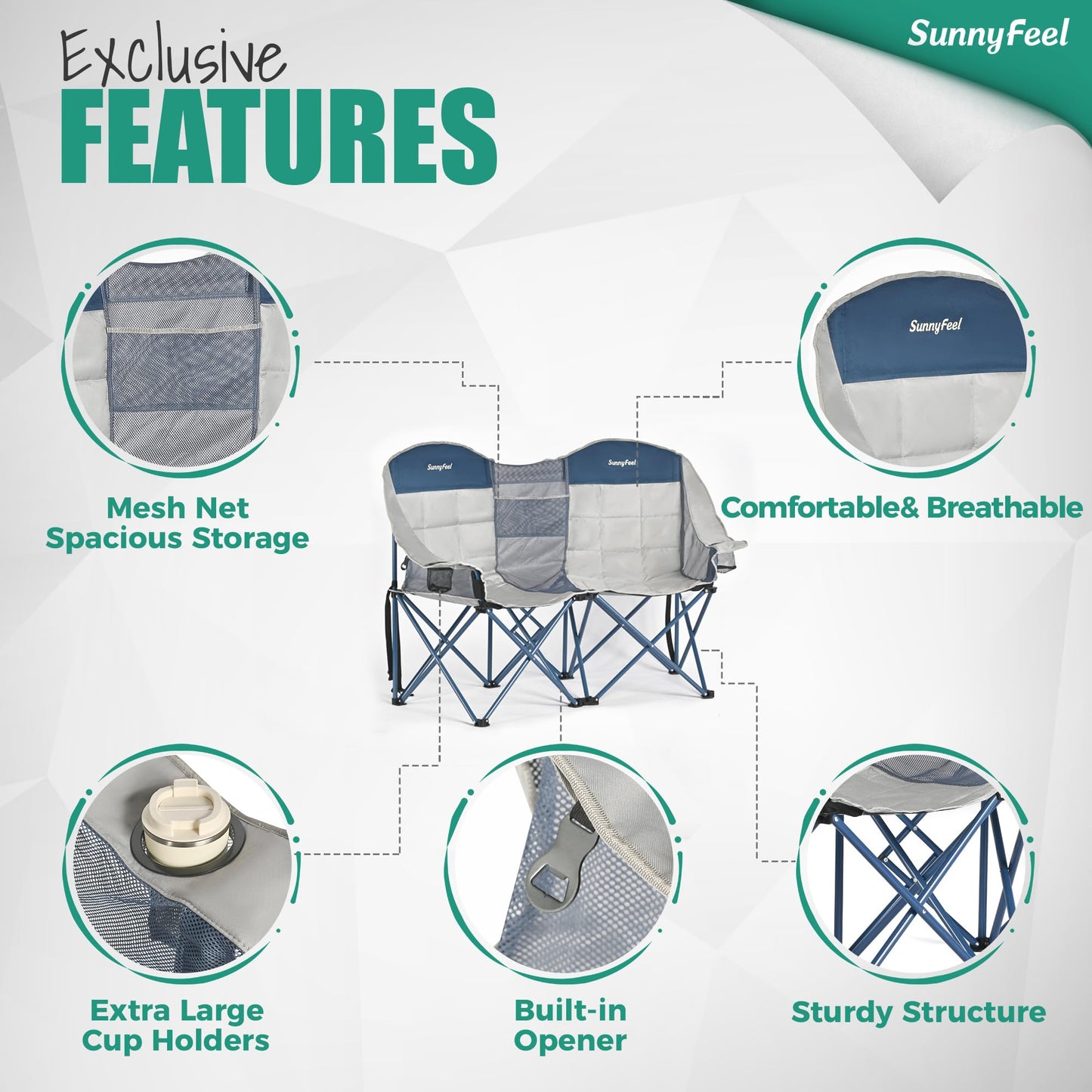 SUNNYFEEL Double Camping Chair, Portable Folding Loveseat with Cup Holders, Heavy Duty Steel Frame, Gray