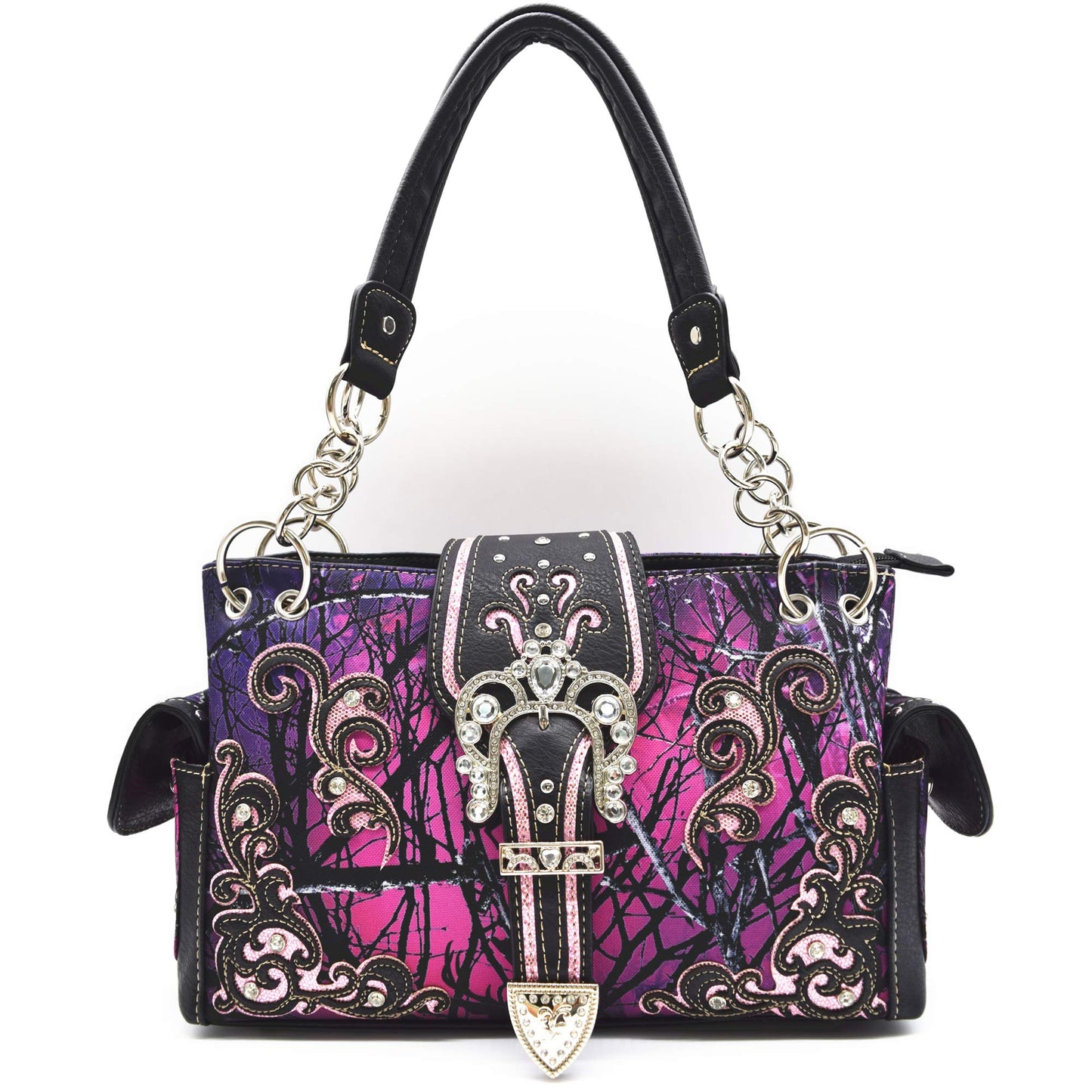 Camouflage Crown Buckle Western Style Purse Floral Shine Glow Country Handbag Women Shoulder Bag Crossbody Wallet Set (Purple)