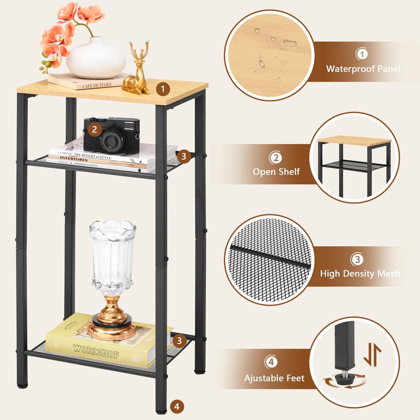 Hoctieon 2-Set 3 Tier End Table, Telephone Table Set of 2, Tall Side Table with Storage Set of 2, Small Nightstand for Small Spaces, Metal Frame, Black+Yellow Oak