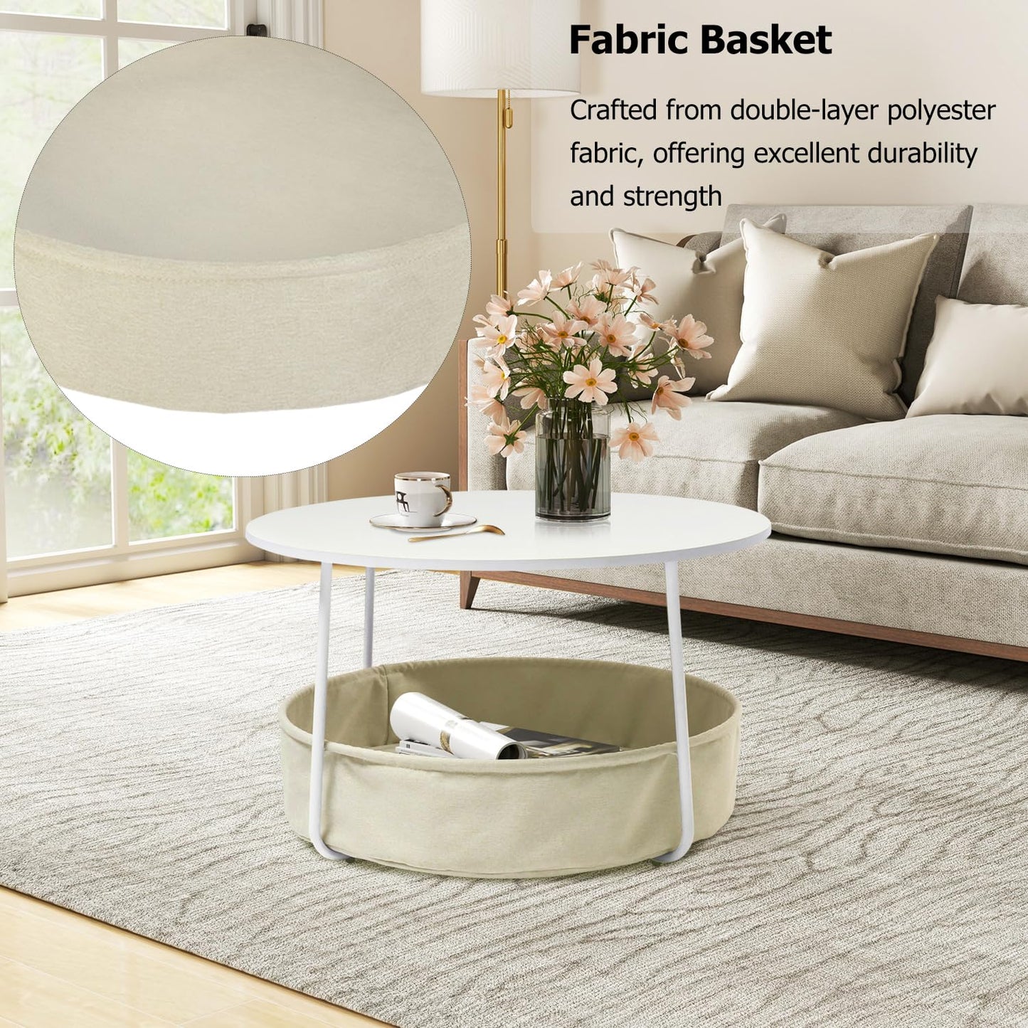 FurnitureR Coffee Table with Storage, 29.53 Inch Round Center Table 2-Tier with Fabric Basket, Sturdy Metal Frame, Modern Living Room Accent Table, White/Camel