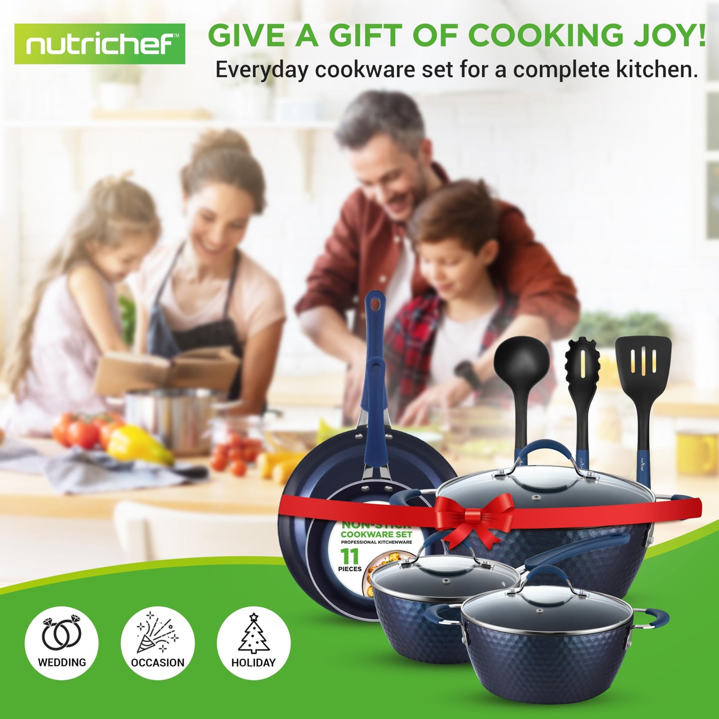 NutriChef 11 Pc Blue Diamond Nonstick Ceramic Cookware Set - Durable Pots and Pans with Cool-Touch Handles, Lids, Utensils