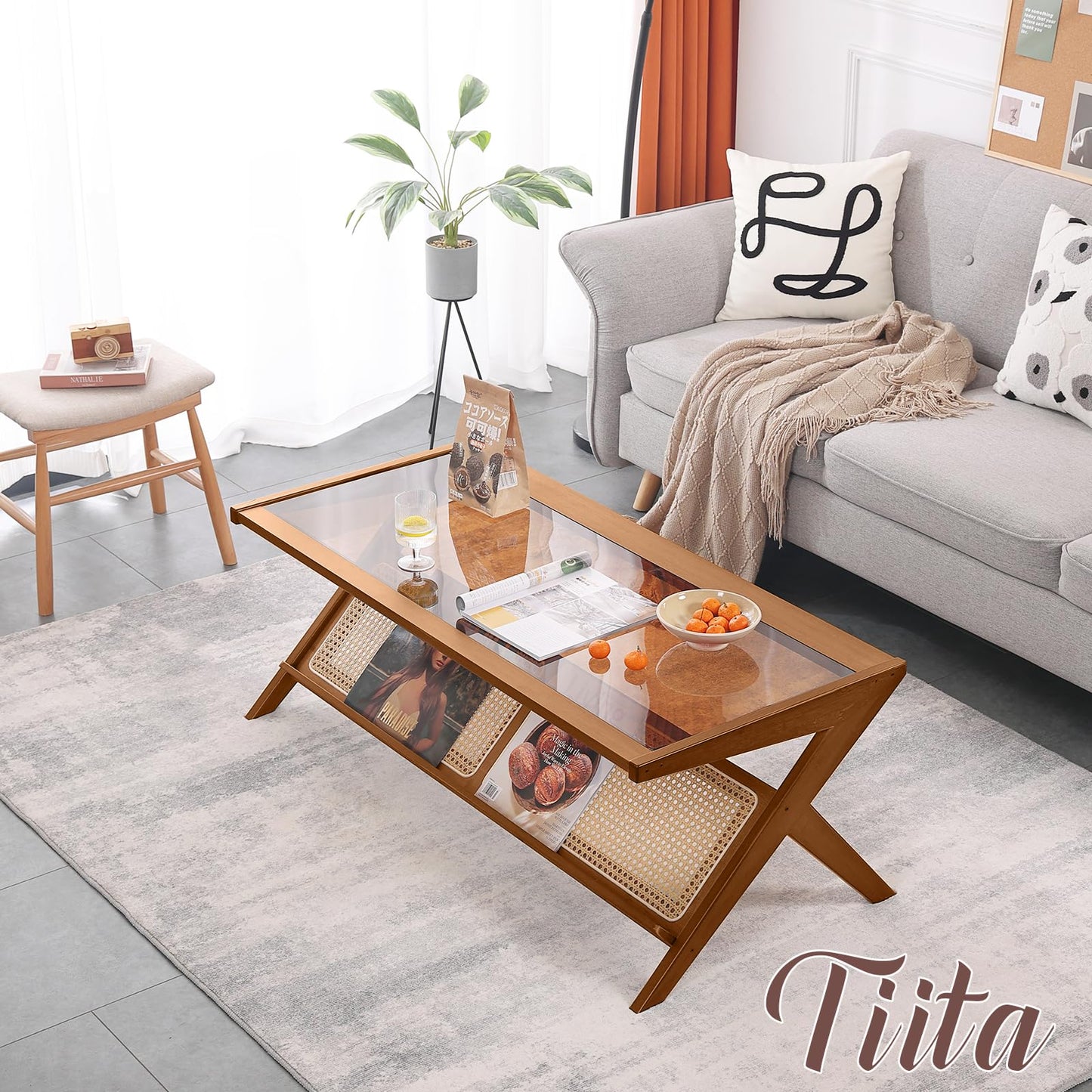 Tiita Rattan Coffee Table, Bamboo Accent Bedside Tables, Glass Nightstand Side Table, Boho Wooden End Table with Storage for Living Room,Living Room, Dining Room, Tea, Home Décor