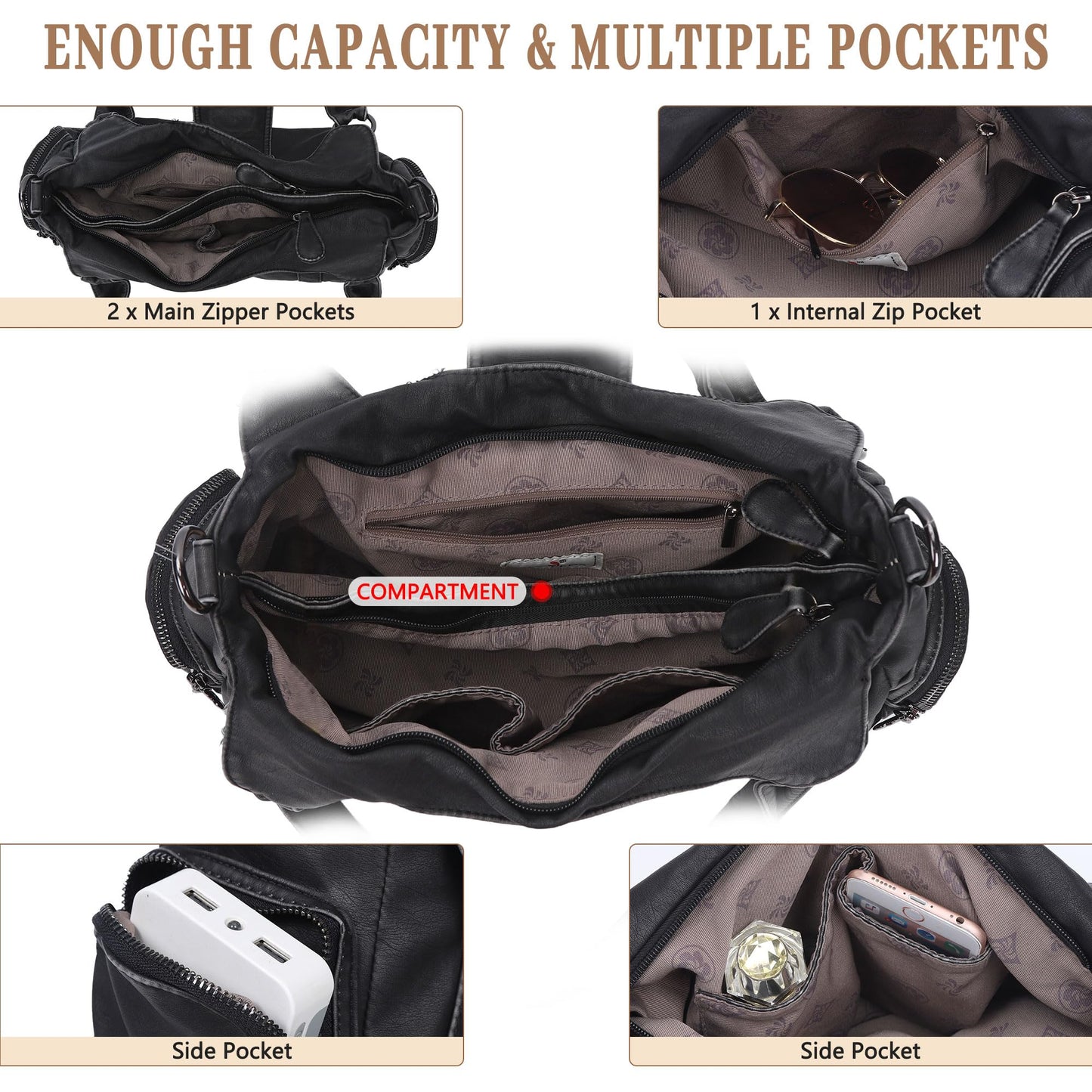 Angel Kiss Hobo Bags for Women Vegan Leather Shoulder Purses and Handbags Ladies Roomy Tote Bags Purse with Crossbody Strap,Black