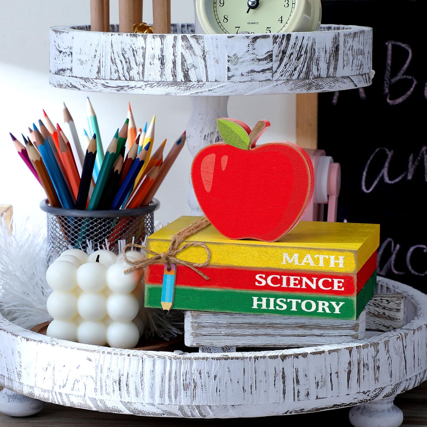 Yousoontic 4 Pcs Back to School Table Decor First Day of School Tiered Tray Decoration Apple Book Pencil Classroom Decor Wood Stacks Books Centerpiece for Classroom Home Office Desk Decorations
