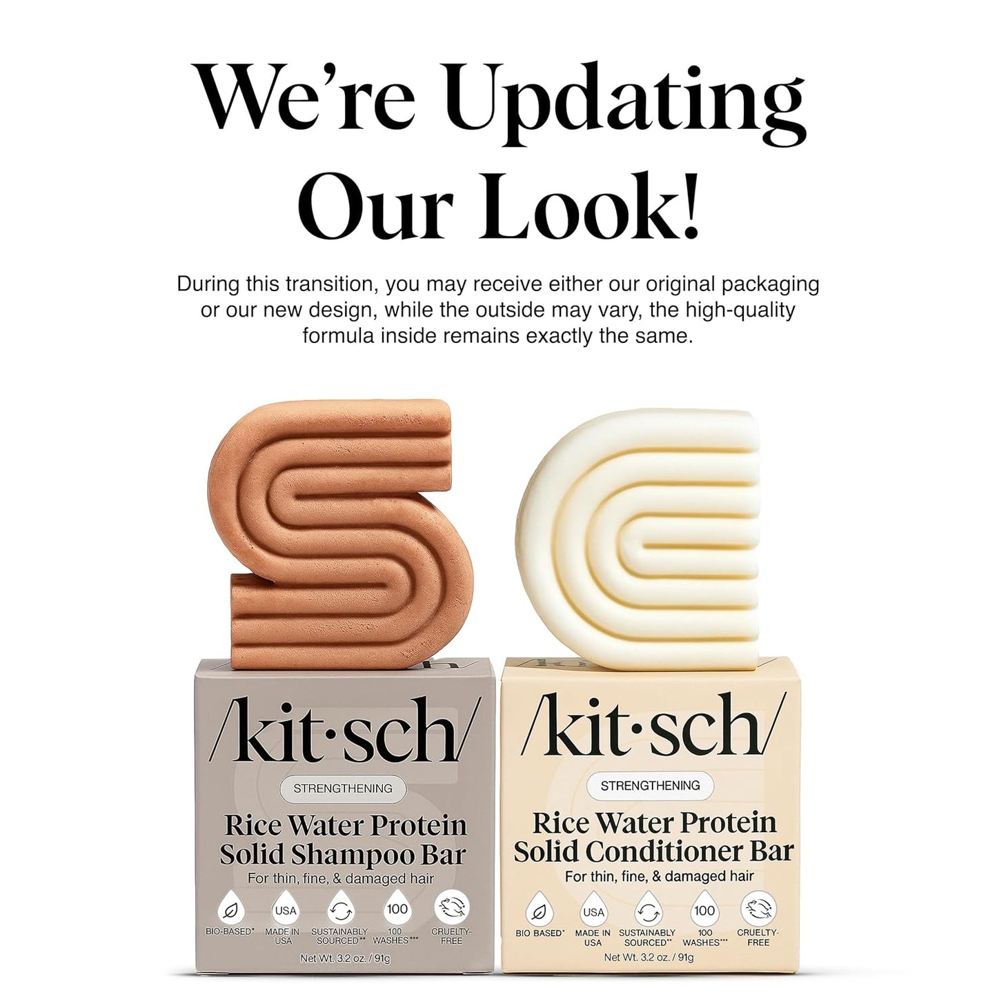 Kitsch Rice Water Shampoo & Conditioner Set - Solid Shampoo & Conditioner Bar with Protein for Strengthening Hair & Damage Repair - Paraben, Sulfate and Silicone Free - Nourishing Hair Care - 2 pack