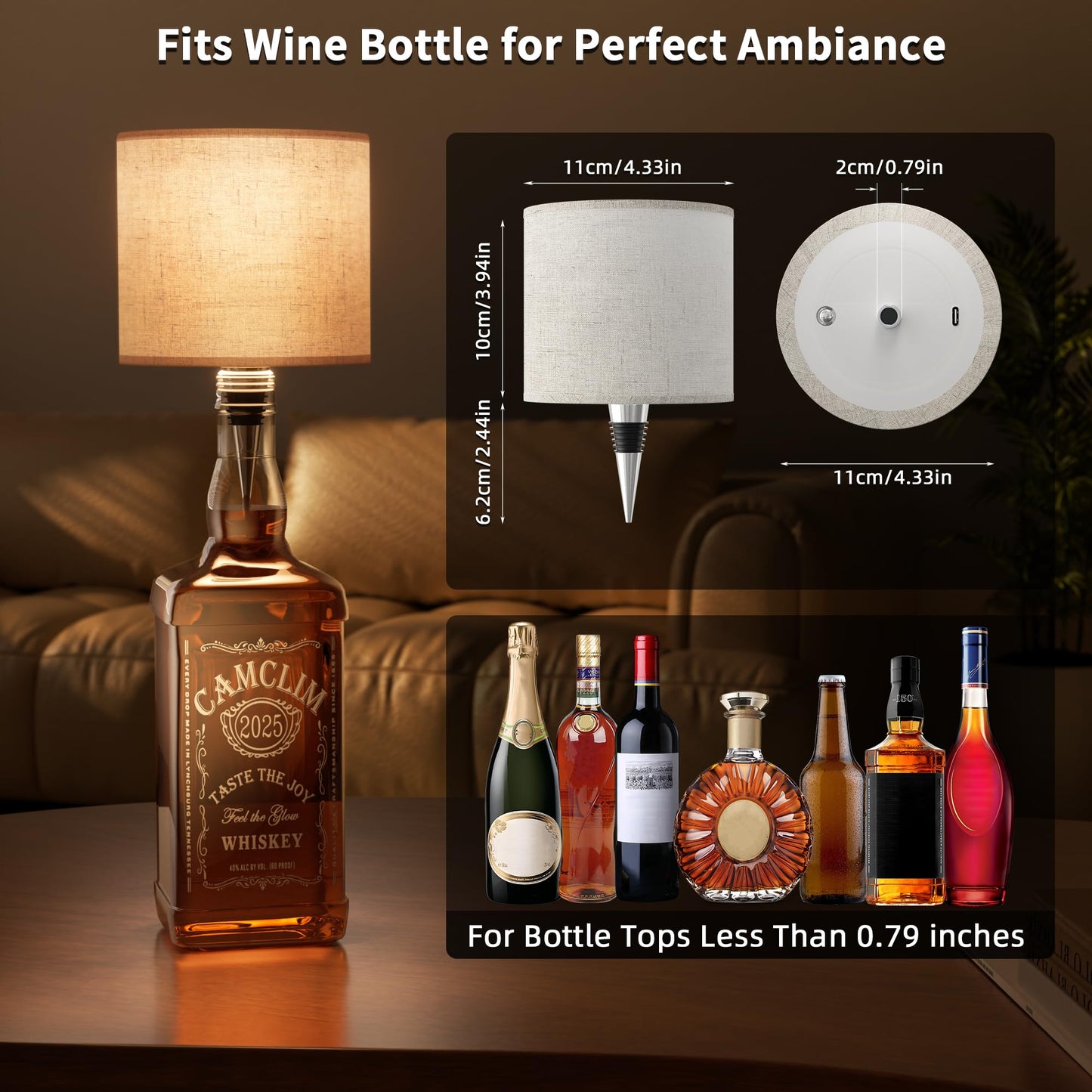 Wireless Wine Bottle Lamp Shade: Liquor Bottle Stopper Light With Remote Control Dimmable Cordless Portable Rechargeable Led Battery Operated Whiskey Bottle Lampshade For Bedside Bedroom Bar Decor