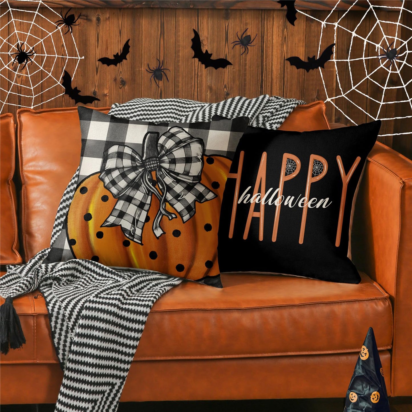 MODOVOS Halloween Pillow Covers 18x18 Set of 4 Buffalo Plaid Spooky Halloween Decorations Polka Dots Pumpkin Throw Pillow Covers Trick or Treat Cushion Case for Sofa Couch