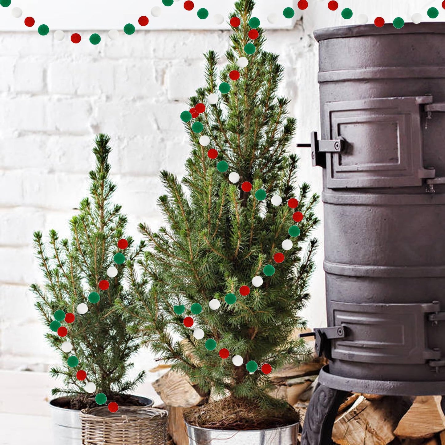 3PK Christmas Pom Pom Garland Christmas Decorations for Tree Indoor Home Room Decor Cute Hanging Felt Ball Red White Green Pompom Bead Ornament String Banner Garland Xmas Birthday Party Supplies