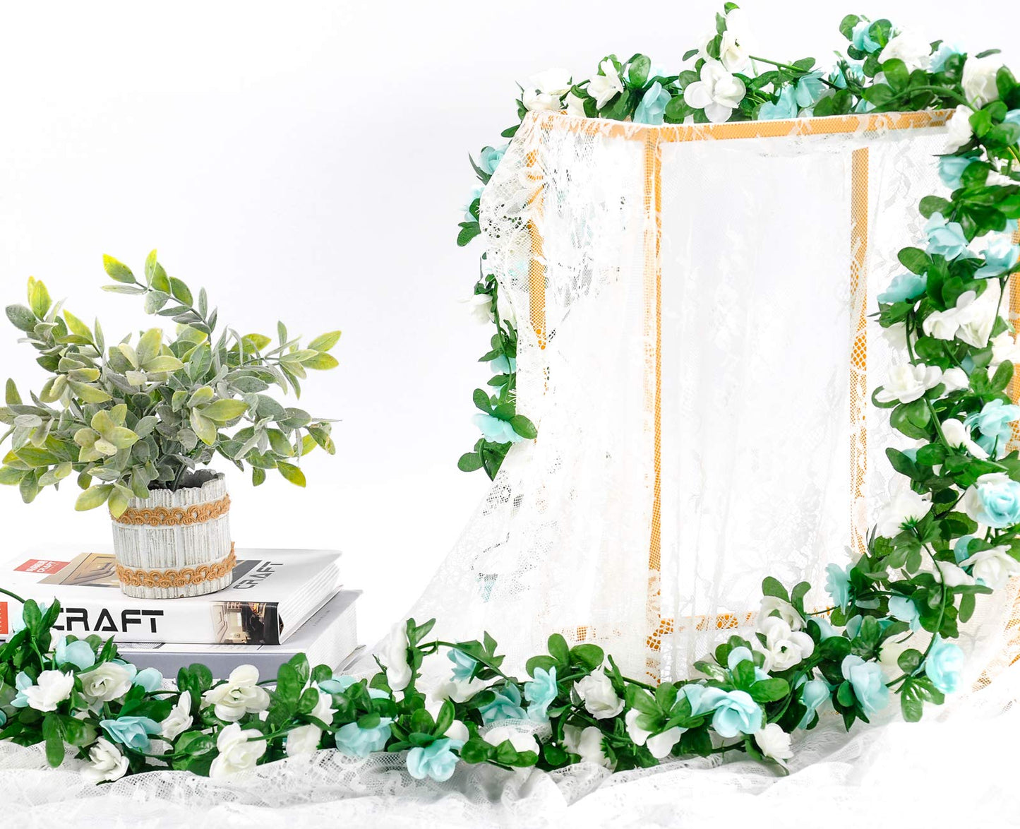 Miracliy 8Pcs 66FT Blue Flower Garland, Artificial Rose Floral Vines Fake Hanging Spring Flower Garland for Wall Backdrop Wedding Arch Tea Party Door Mantle Decoration