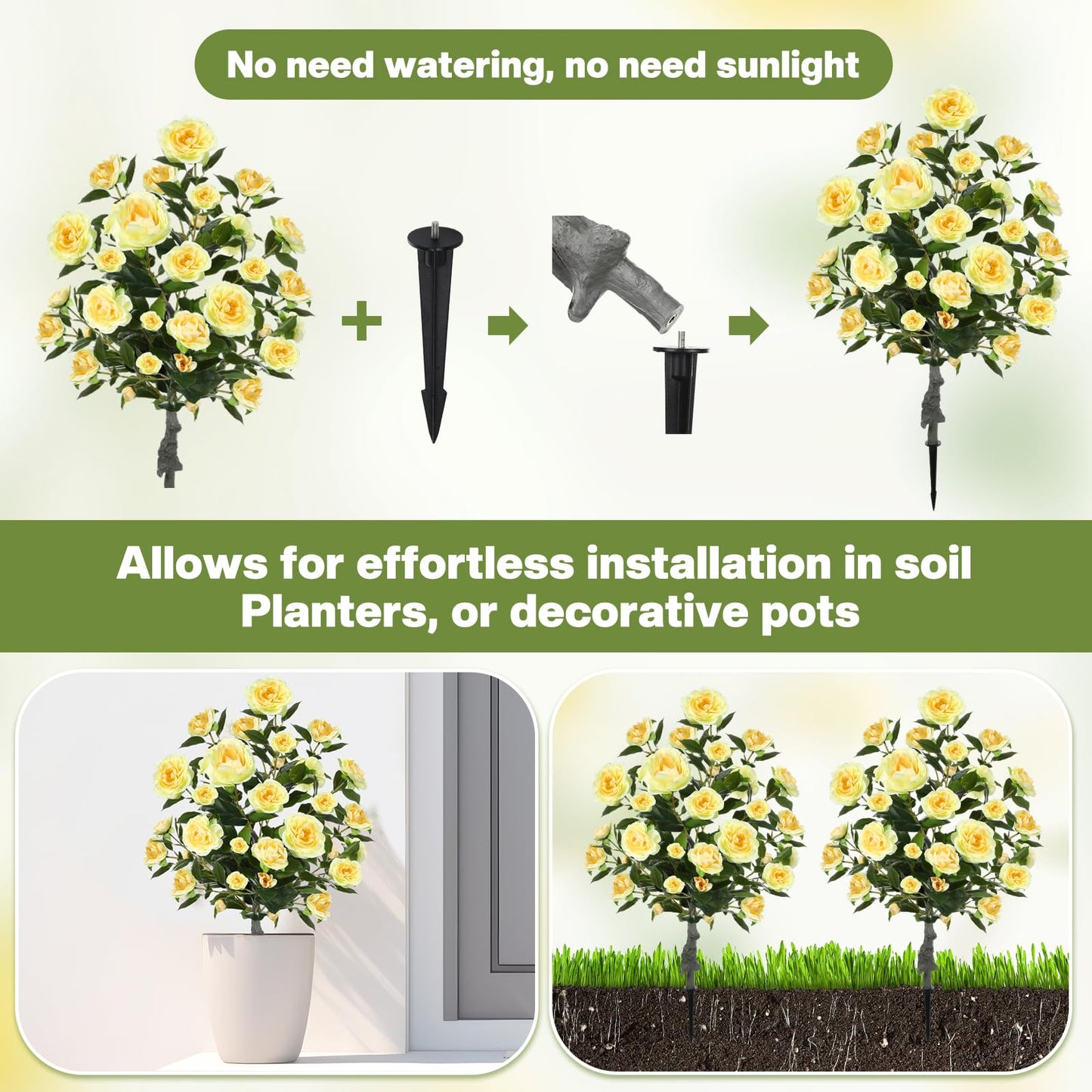 Lunmon 2 Pack 36" Artificial Camellia Tree Plants 3ft Faux Camellia Flower with Spike UV Resistant Fake Floral Blooming Bush for Indoor Outdoor Wedding Front Door Porch Garden Backyard Garden(Yellow)