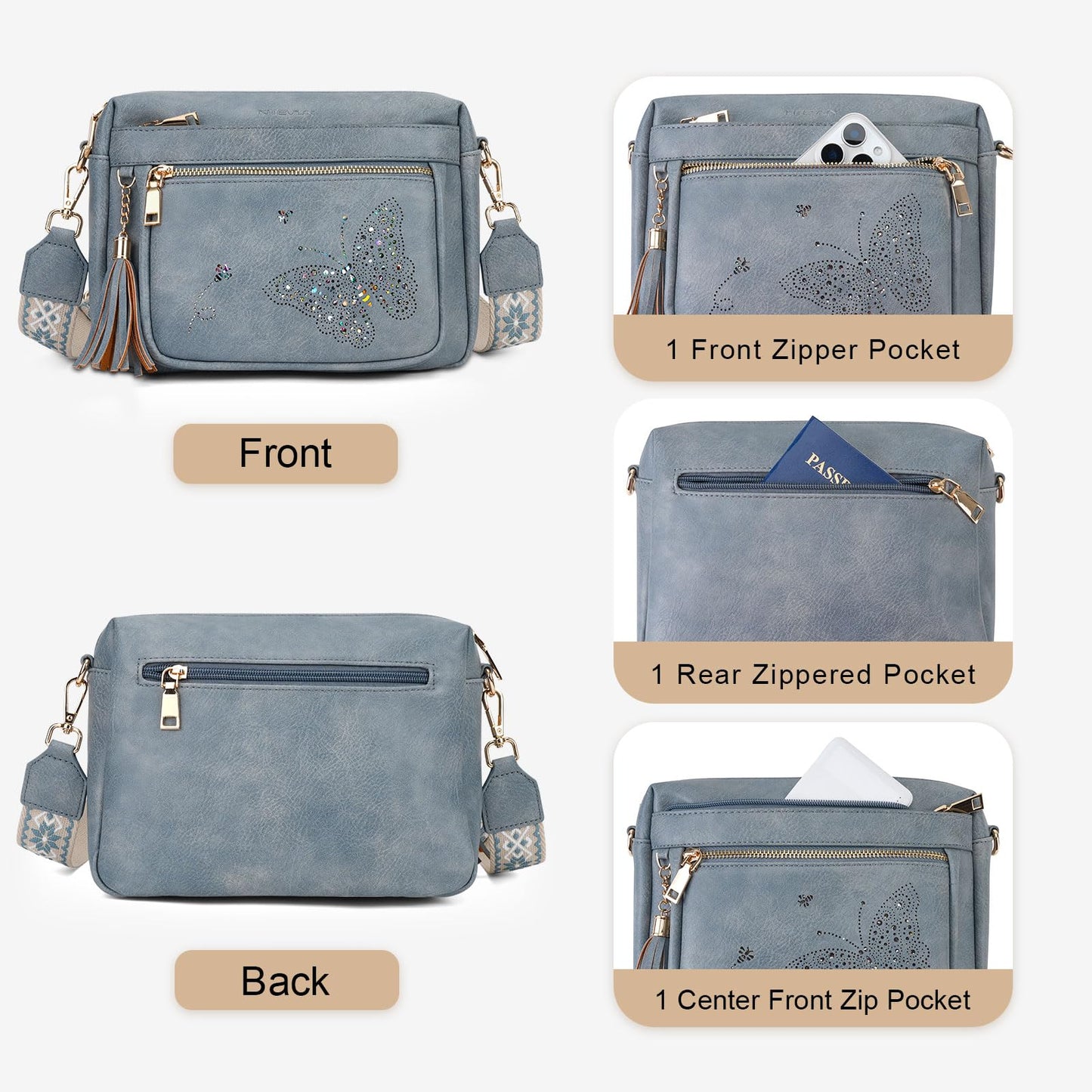 KITEVIUN Crossbody Bags for Women Trendy Leather Crossbody Purse Shoulder Handbags Butterfly Design