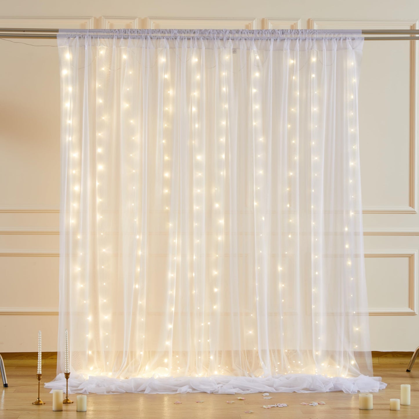 White Sheer Curtains with Lights String Tulle Curtain for Living Room Bedroom Parites Wedding Birthday Decorations 2 Panels 60" Wｘ84 L