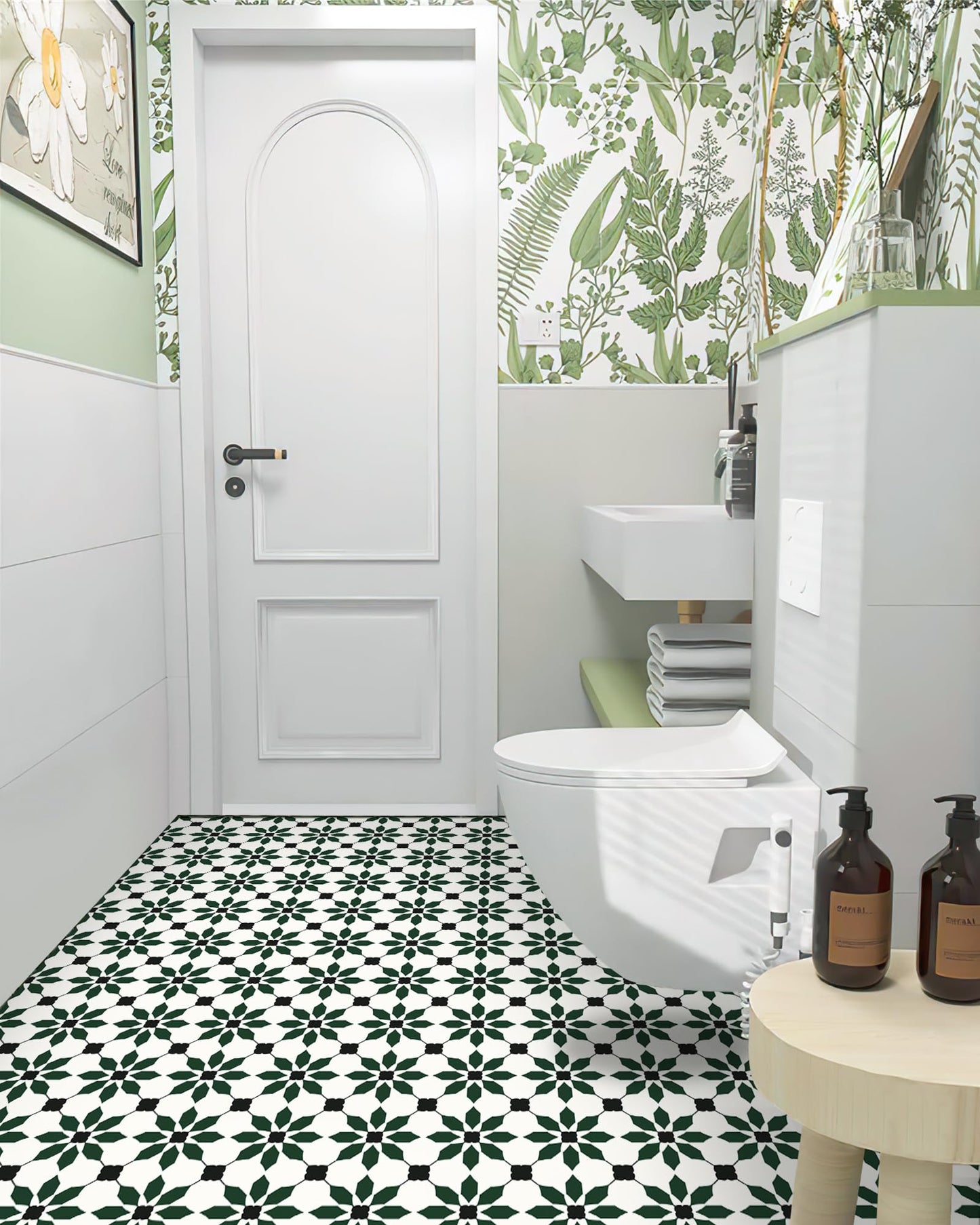 MORCART 7.87" x 7.87" Peel and Stick Floor Tile, 20 PCS Self-Adhesive DIY Vinyl Flooring for Renters, Removable and Waterproof Tile Sticker for Bathroom, Kitchen, Staircase (Black Green)