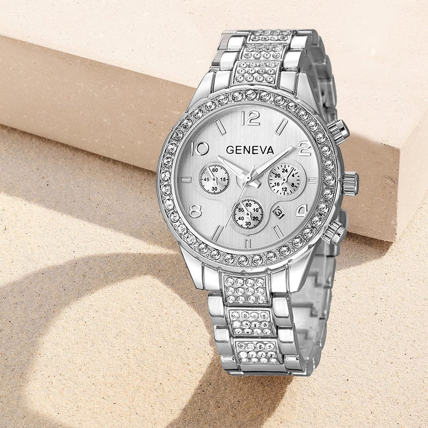 Gosasa Luxury Unisex Crystal Diamond Watches Quartz Digital Calendar Rose Gold Silver Stainless Steel Watch (Silver)