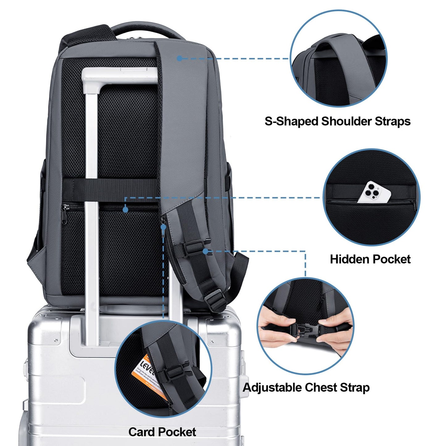 FENRUIEN Work Backpack for Men,Water Resistant Smart Backpack with USB Charging Port,Grey Laptop Bag 15.6 Inch