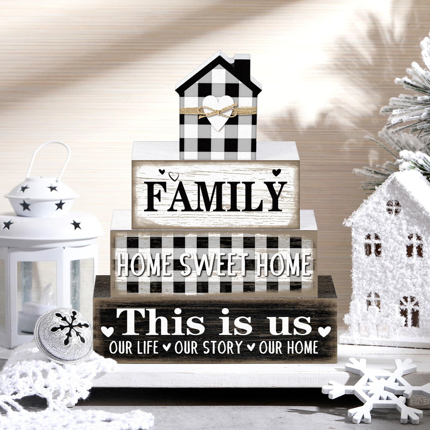 Cinnvoice Farmhouse Wooden Tabletop Decor Rustic Home Sweet Home Table Centerpieces This Is Us Block Sign Black and White Buffalo Plaid Table Decor for Kitchen Shelf Desk Mantel Tiered Tray Decoration