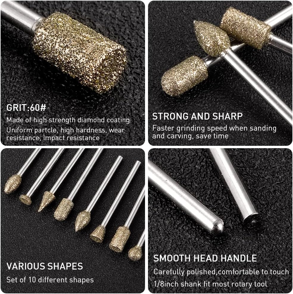 Diamond Grinding Burr Bit Set，20Pcs Rotary Tool Accessories Stone Carving Set with 1/8 inch Shank for Stone Ceramic Glass Carving, Grinding, Polishing, Engraving, Sanding
