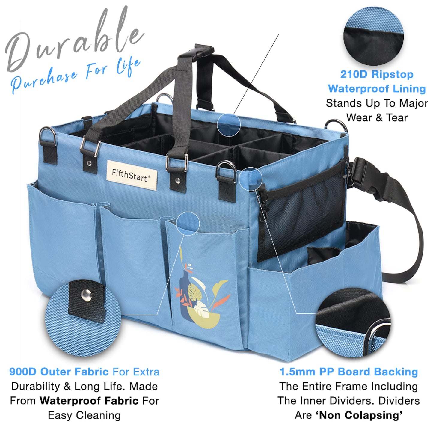 FifthStart Multiuse Cleaning Caddy with Waist & Shoulder Strap - Diaper Caddy & Beach Bag - 9 Pockets & Mesh Base - Blue, X-Large