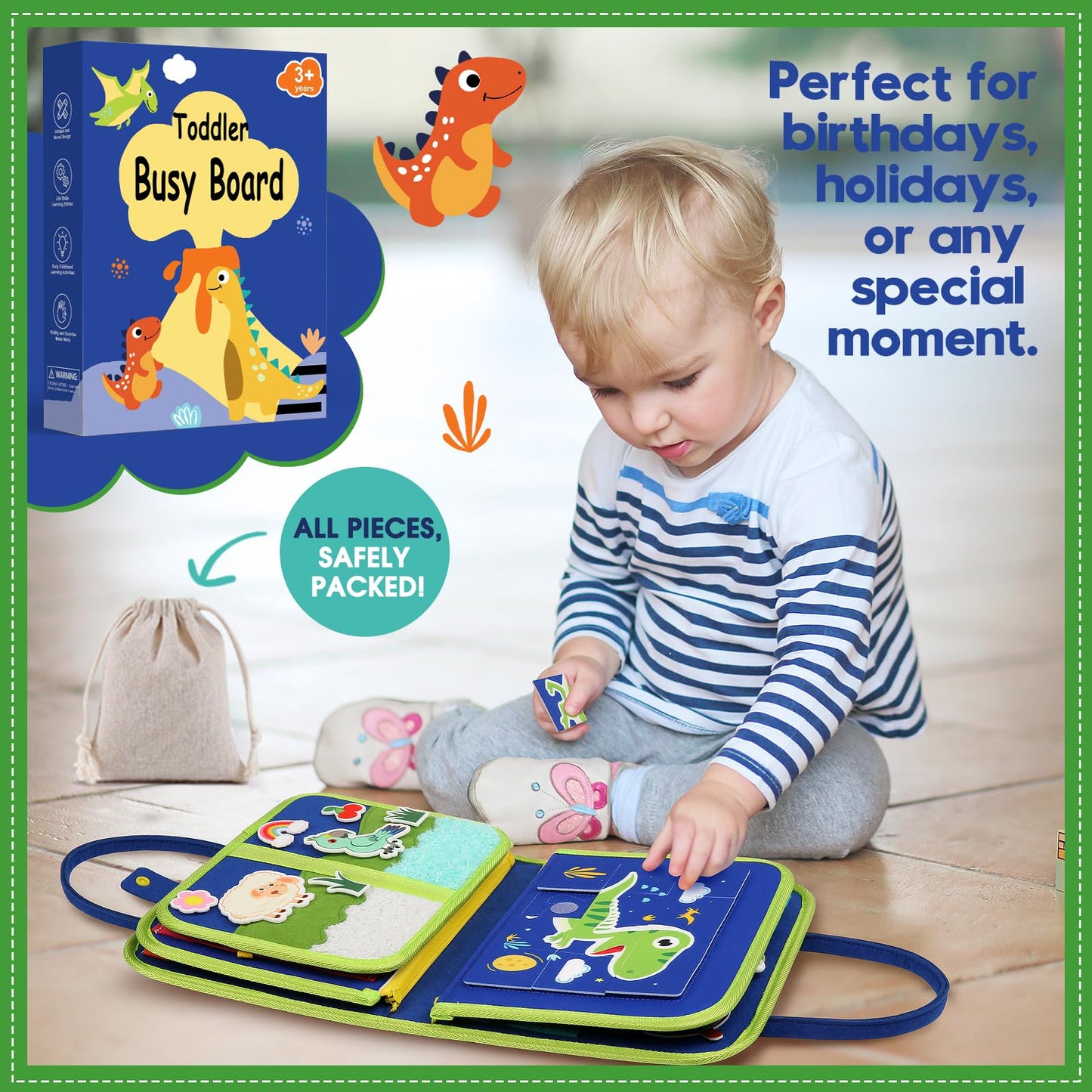 Toddler Sensory Busy Board: Travel Toy Activity Book for Girls Boys, Motor Skill Development Gift for Baby Aged 3-4 Years, Fine Educational Preschool Montessori Learning Toy for Car Airplane Dinosaur