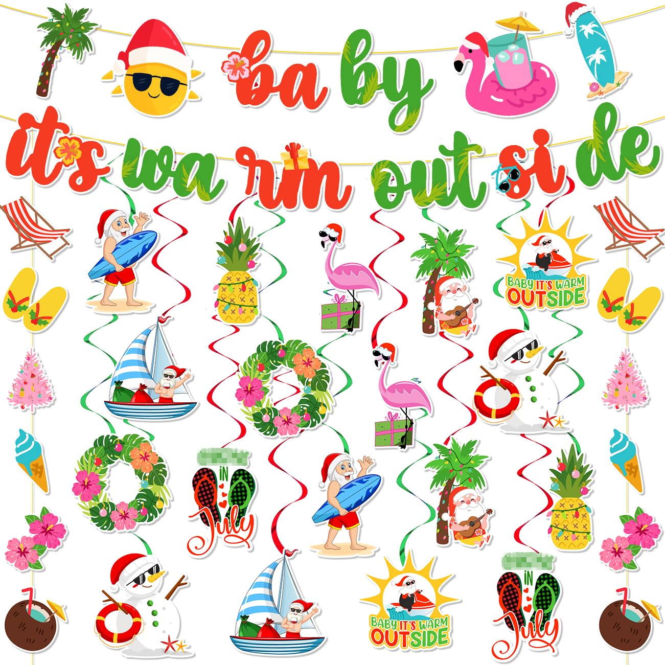 Baby It's Warm Outside Banner Decorations 48Pcs Hawaii Mele Kalikimaka Christmas Decorations Including Banner Hanging Swirls for Summer Beach Party Supplies