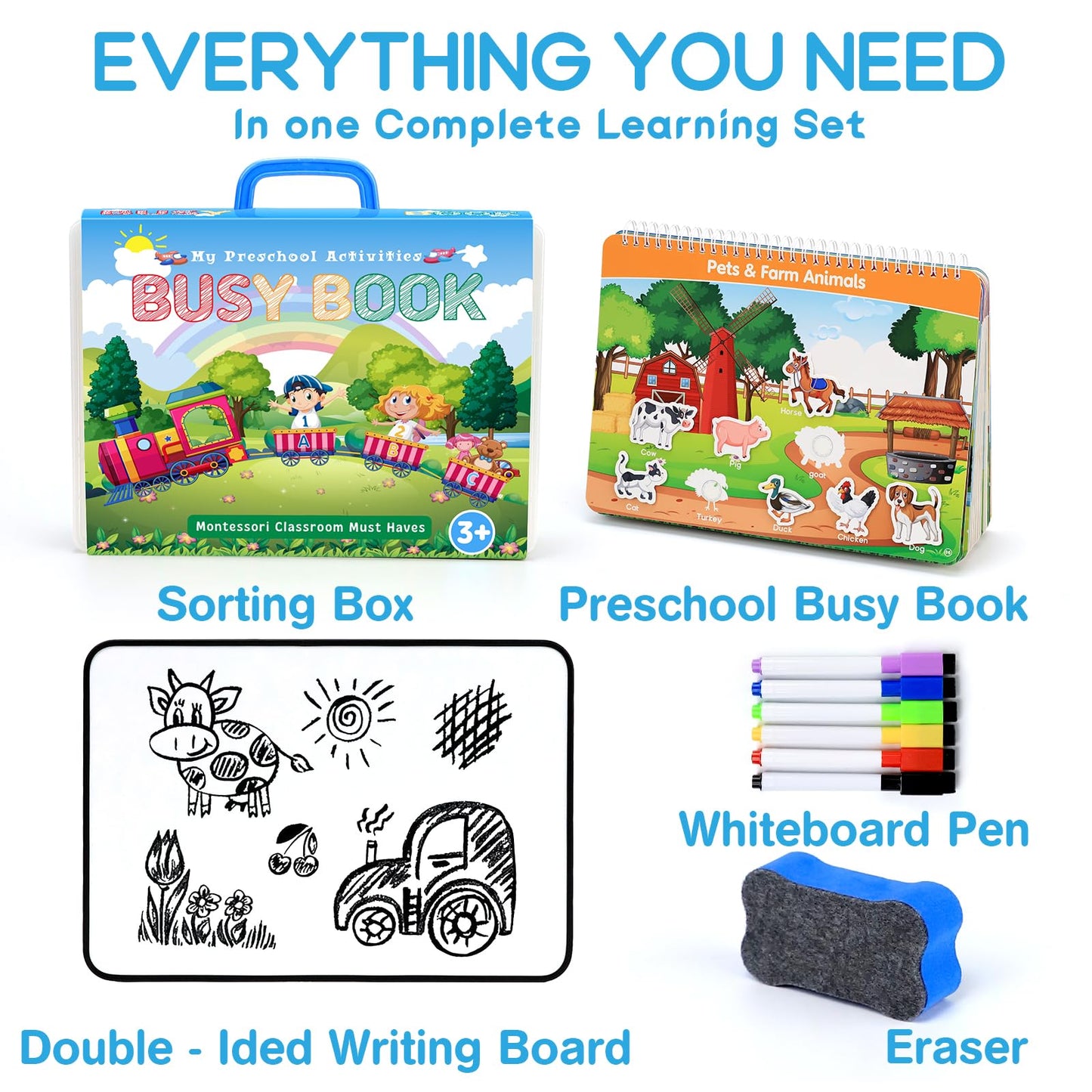 Busy Book for Toddlers 3-5, Montessori Preschool Learning Activities with Classified Storage Box & Double-Sided Writing Board, 15 Themes Autism Sensory Travel Toys, Ready to Use (No Assembly Needed)