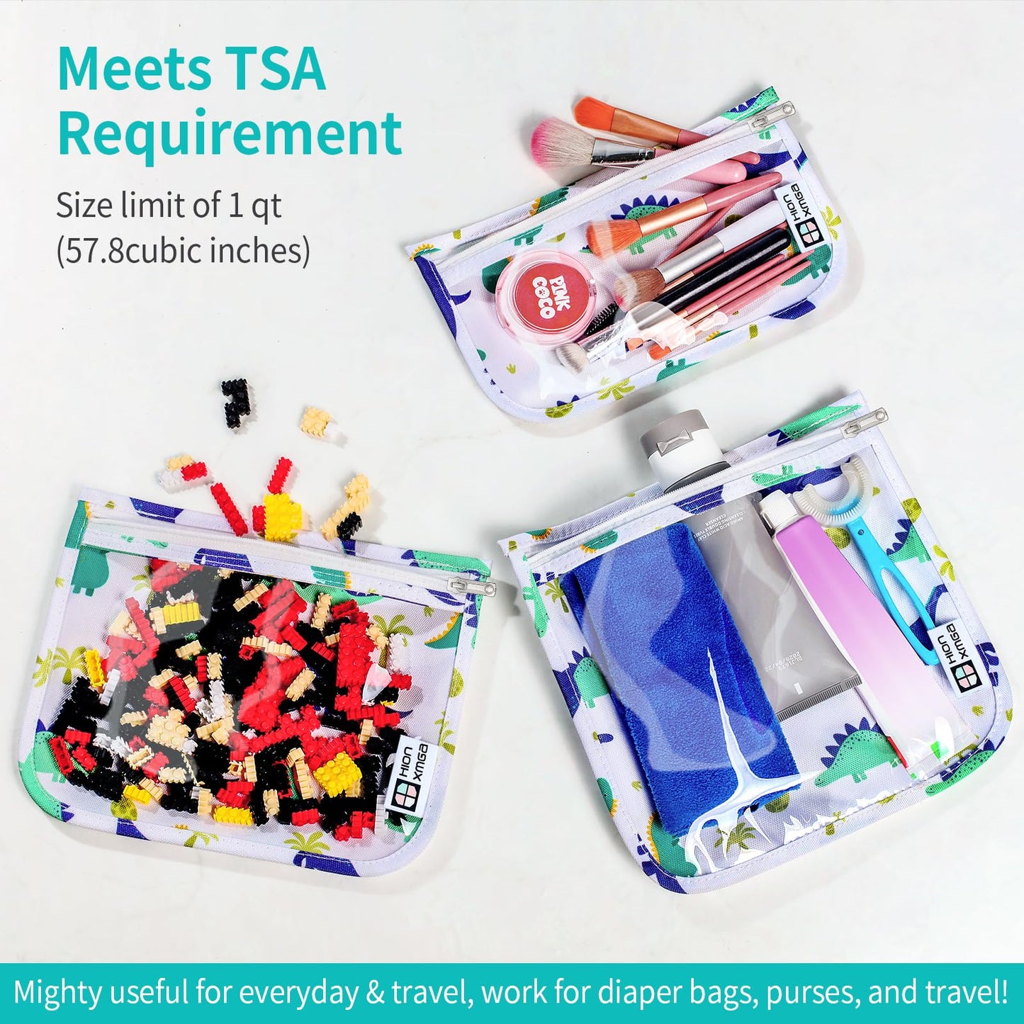HIONXMGA TSA Approved Toiletry Bag, Set of 3 Clear Travel Toiletry Bag Quart Size Zipper Travel Pouch, Waterproof Makeup Cosmetic Bag for Women Men Kids Toiletries Carry on, Dinosaur White